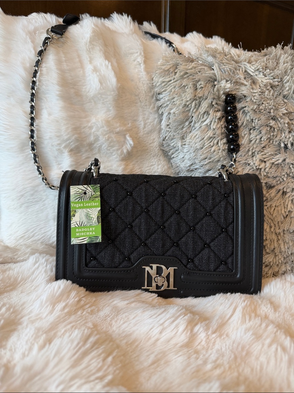 NWT Badgley Mischka Black denim Quilted Crossbody with Chain Strap